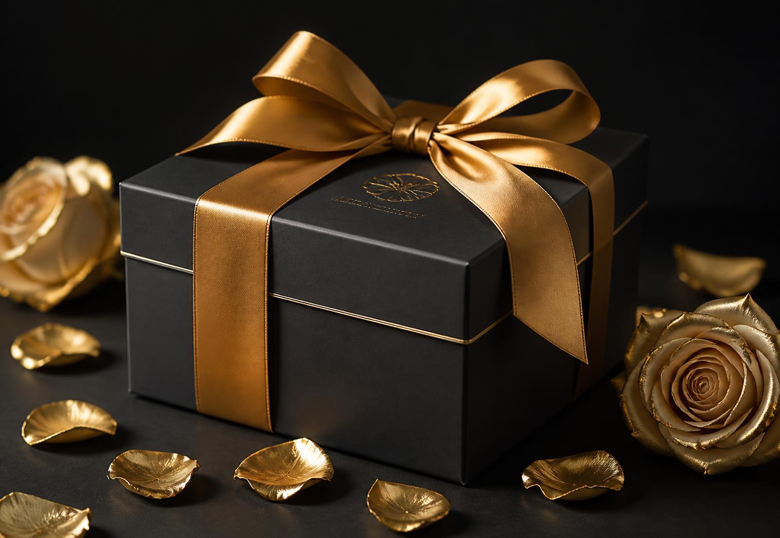 Premium black gift box with gold ribbon and golden roses